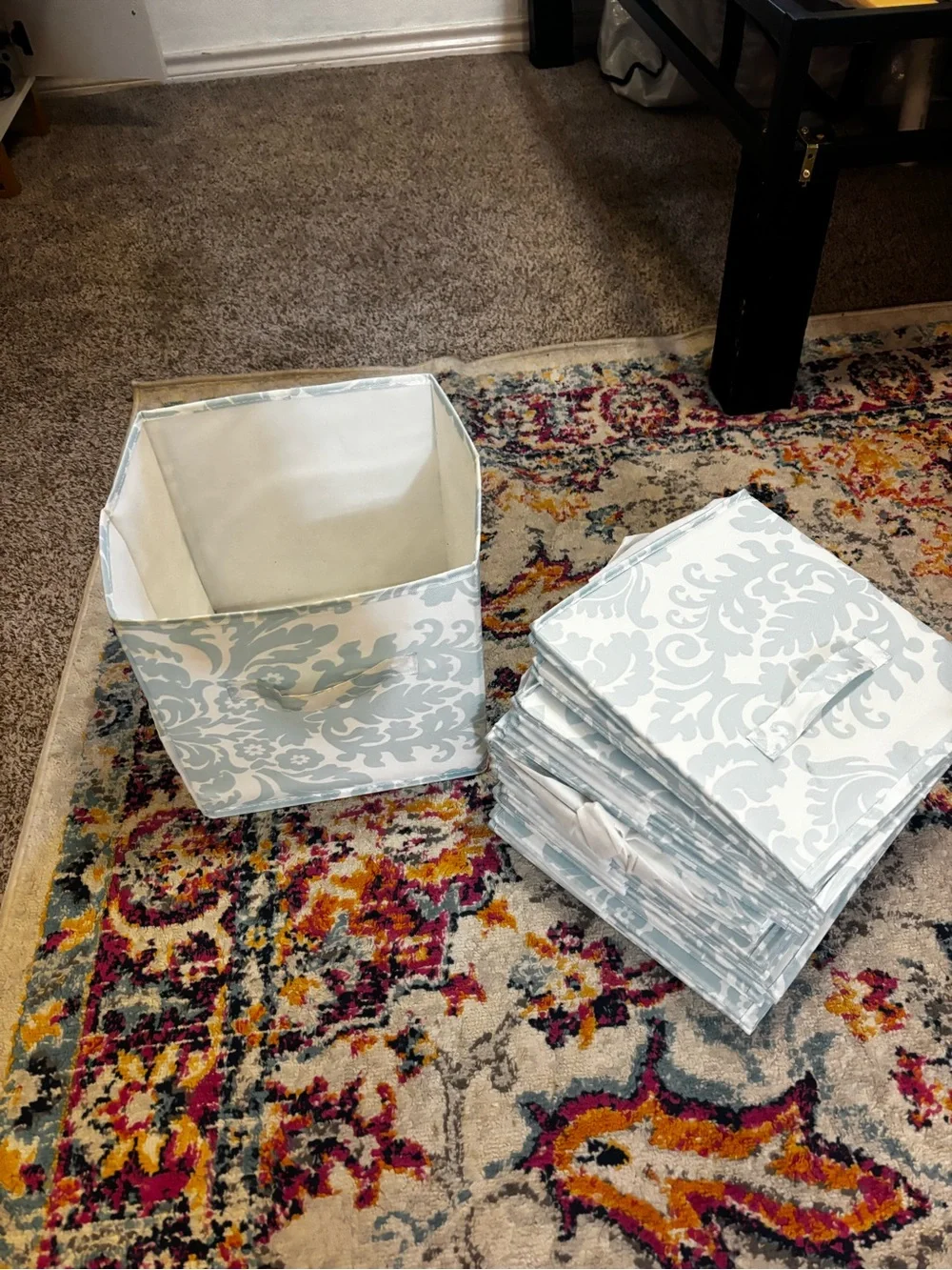 Set of 12 Light Blue Damask Fabric Storage Bins - Set of Foldable Organizers
